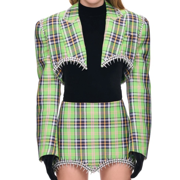 AREA Plaid Crystal Spike Blazer and Mini Pencil Skirt - Picture 1 of 7